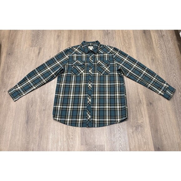 L.L. Bean Shirt Mens Large Green Plaid Snap Wool Blend Elbow Patch Western - Picture 11 of 12